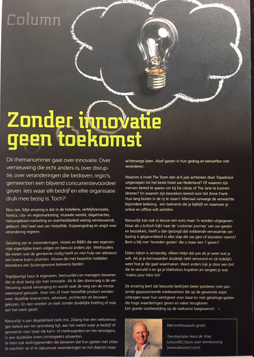 toerismetrends's tweet photo. Zonder innovatie geen toekomst. Mijn column in de nieuwe #RecreatiefTotaal https://t.co/ohnb32AnqB https://t.co/hSC62nUYy3