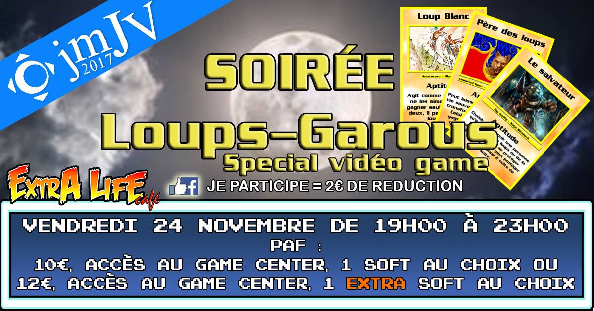 jmjv2023's tweet photo. Weekend #jmjv chargé à l'@ExtraLifeCafe: parties de Loup-Garou le 24.
Revenez le 25 pour la démo d'@impulsivGame et l'enregistrement d'un podcast avec @HBGDfr !! https://t.co/PocU7CAWSl