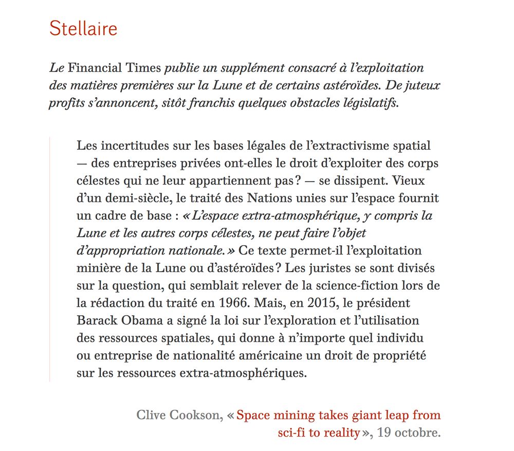 mdiplo's tweet photo. Le @FinancialTimes publie un supplément consacré à l’exploitation des matières premières sur la Lune et de certains astéroïdes. De juteux profits s’annoncent, sitôt franchis quelques obstacles législatifs https://t.co/dj0gxIPq7C https://t.co/O1lUA5PmAj