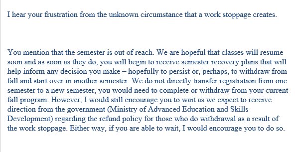 Matt56101's tweet photo. I'm interested to see what the semester recovery plans are. Also, it seems like some sort of tuition refund is still possible for students affected by the strike.

#COLLEGESTRIKE https://t.co/G5WHDeVjQV