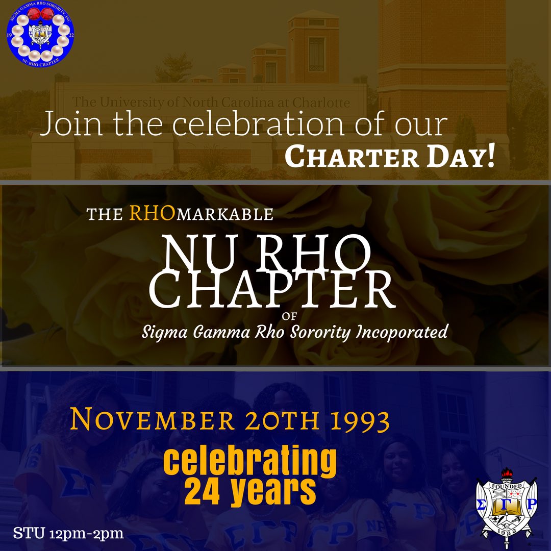 Happening tomorrow! Join Nu Rho as we celebrate 24 years here at UNC- Charlotte! Stop by our table in the union from 12-2pm 💛💙 (p.s you might get a cupcake 🐩)