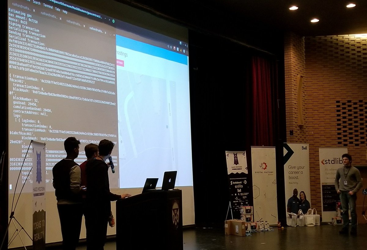 marclijour's tweet photo. #HackWestern finalists demoing the Ethereum-based chaingun to save lives and to improve policing https://t.co/R43ZsKxhgy
