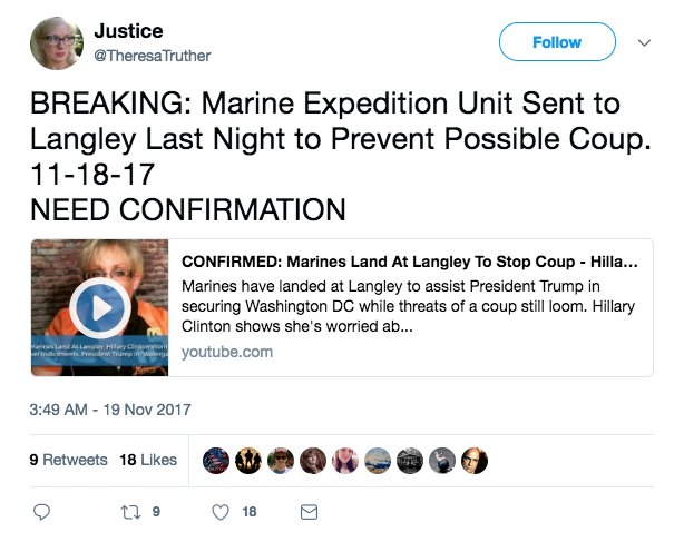 An additional development related to  #FollowTheWhiteRabbit - a story appeared last night claiming that Marines had landed at Langley to prevent a coup against Trump. The main source appears to be a YouTube video.