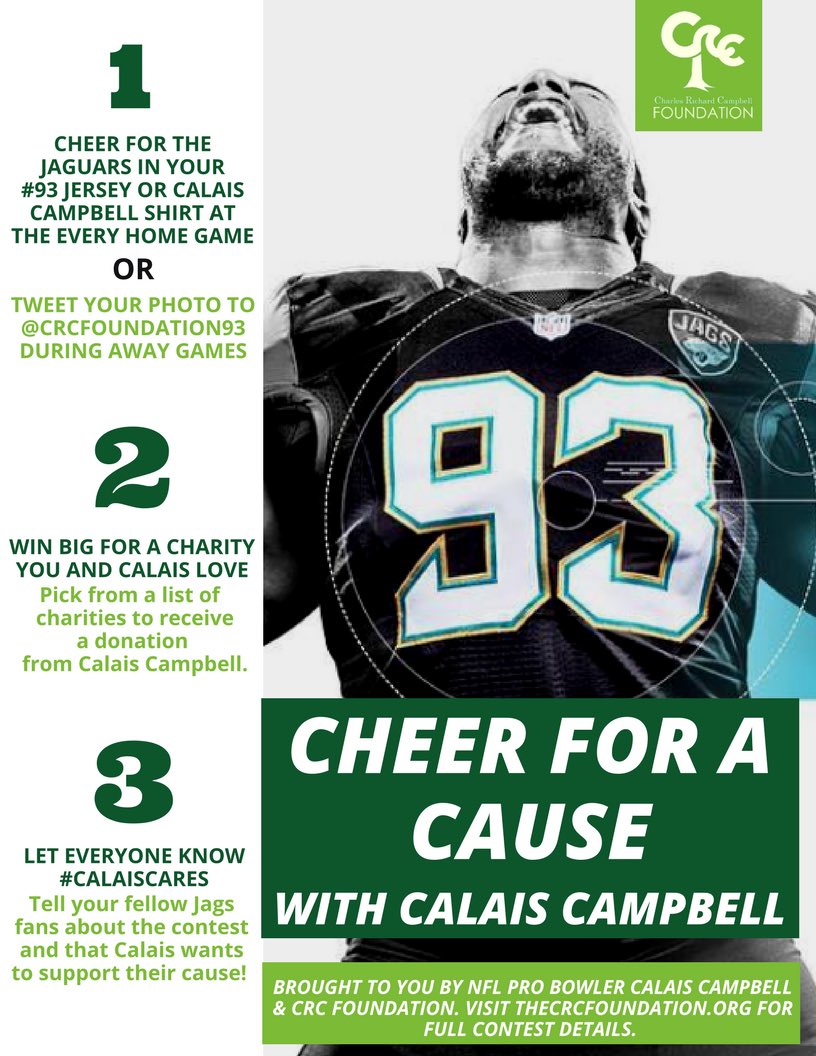 CRCFoundation93's tweet photo. #Jaguars fans, weβre looking for @Campbell93 jerseys. Tweet us during 2nd half of #JAXvsCLE #CheerForACause #CalaisCares @Jaguars https://t.co/tmDhxhXkwk