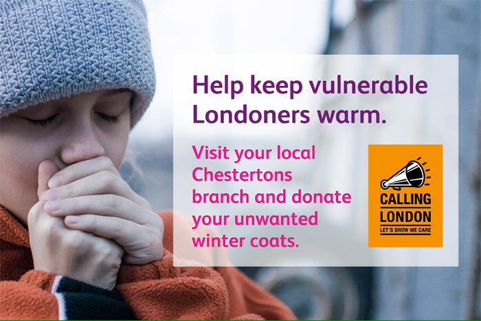 WISE16's tweet photo. #Community

Do you have a coat you won't need any more?

Visit the @Chestertons branch in #TowerBridge &amp; donate it to help keep vulnerable people in #London warm

220 Tower Bridge Road, #London #SE1 2UP.
Opening hours
Mon - Fri 08:40 - 18:00
Sat
10:00 - 16:00
Sunday Closed https://t.co/VTOxNZNztx