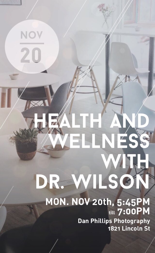 Take some time to focus on your health and wellness before the start of the holiday season with this professional development seminar featuring chiropractor Dr. Wilson at Dan Phillips Photography Studio (1821 Lincoln St. Suite 200 in CF)