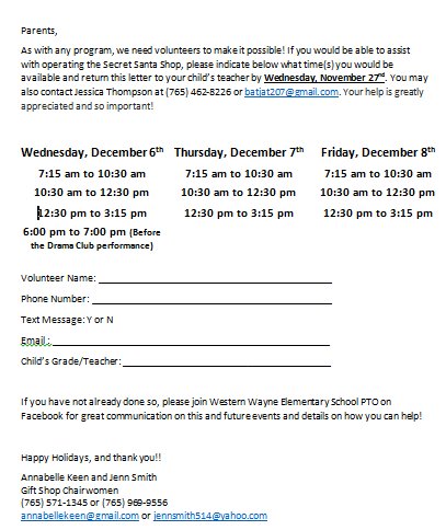 PTOWWES's tweet photo. WWES PTO needs volunteers for the Secret Santa Shop. Please share so we can get enough volunteers to help! https://t.co/O38AazgvCH