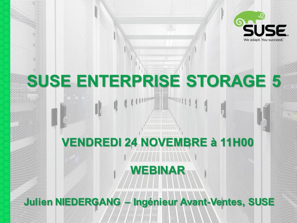 SUSE_Africa's tweet photo. Webinar : SUSE ENTERPRISE STORAGE 5. Le 24/11 à 11h00, ce webinar technique abordera les points suivants : #Ceph / Le dimensionnement / Le déploiement #Deepsea / La gestion du cluster avec #openATTIC et la gateway iSCSI. https://t.co/HCzOaBQAFd https://t.co/9MpzH9uycr