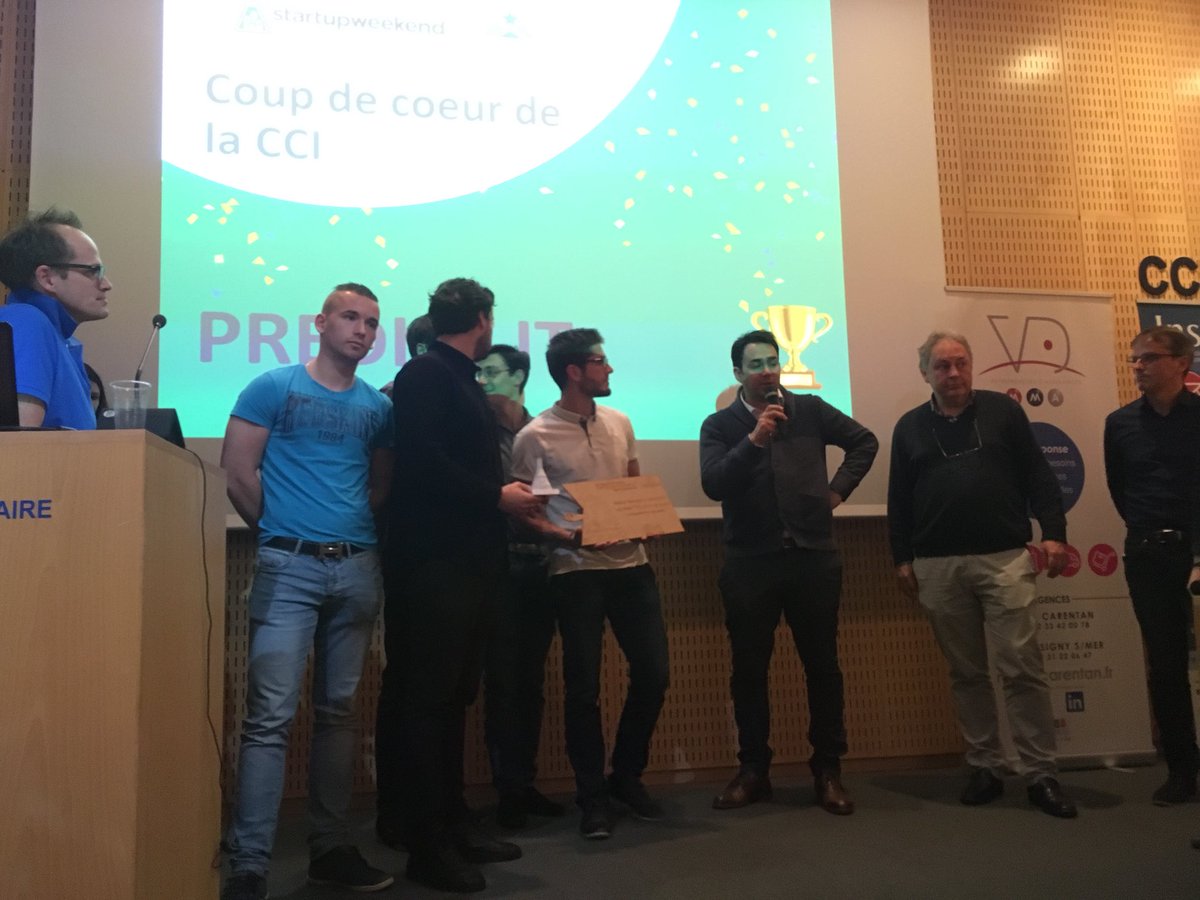 SWLeHavre's tweet photo. Pour finir, le prix coup de cœur est décerné à #Predict’it! Ils gagnent un accompagnement par le service innovation de la @cciseinestuaire ainsi que deux journées de formation chez #KPMG ! #prixcoupdecoeur #swlh #LeHavre #StartupWeekend https://t.co/IprJJbzcUq
