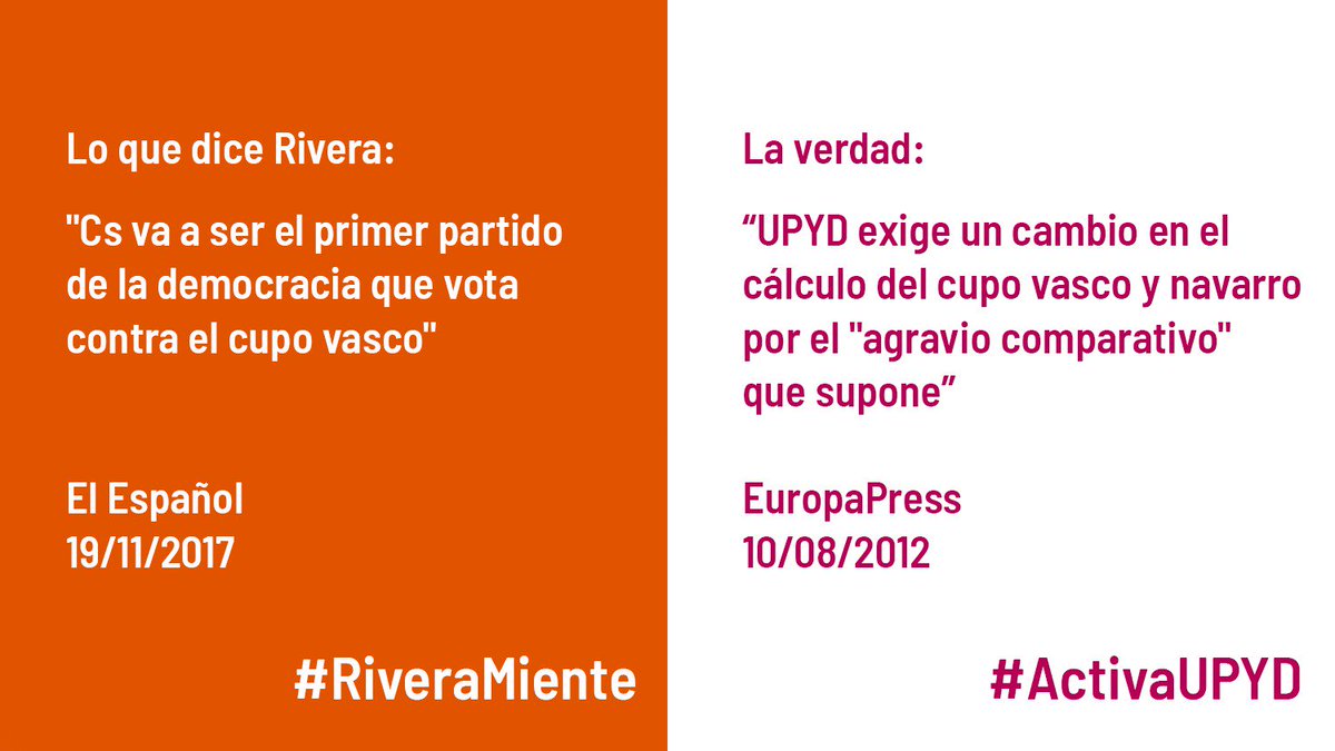 UPYD's tweet photo. 👉🏻 Si @CiudadanosCs apuesta en 2017 por suprimir el Concierto vasco y el Cupo navarro, nos alegramos, pero tapar e intentar usurpar el trabajo que venimos desarrollando desde 2007 es vieja y mala política. Dignifiquémosla.

👉🏻 Año 2012: https://t.co/CXnVlXfXSG

#RiveraMiente https://t.co/a1mpF7cUar