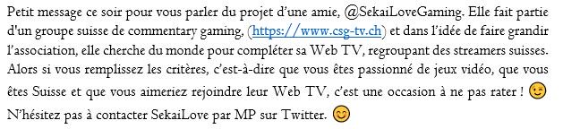 PetitsStreams's tweet photo. Petite annonce pour les streamers Suisses 😊Contactez @SekaiLoveGaming ou @CSG_TV si le projet vous intéresse 👌 https://t.co/3pLBytdmHL