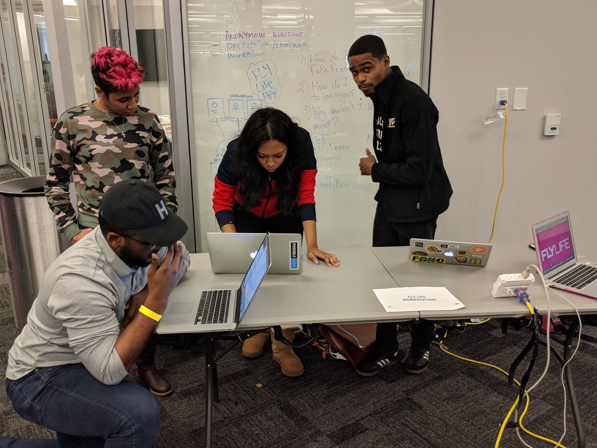 goodienation's tweet photo. @interceptatl, @flylifeorg, @_TribeTalk, + @amiglo getting ready to show the judges their products! #HacktheViolence #GoodieHack https://t.co/XB1IwoyhOi