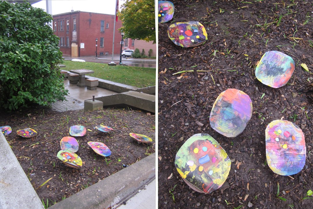 LitterArti's tweet photo. Art installation 'puddles' project ... made from waste newsprint &amp; cardboard ... has been recycled afterwards! https://t.co/xzzc7E8hWI