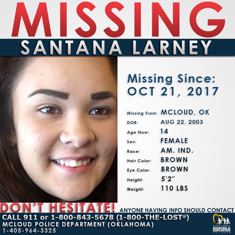 NCMEC's tweet image. #MISSING!
Santana was last seen on Oct. 21, 2017 in Mcloud, Oklahoma.
missingkids.org/poster/NCMC/13…
