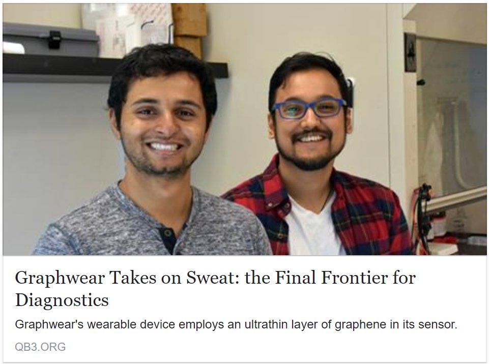Rajatesh_G's tweet photo. I am thrilled to be featured on QB3 and share @GraphWear_Tech's lifesaving work towards replacing blood tests with non-invasive sweat monitoring #SweatIsTheNewBlood https://t.co/odYfQuYkS8 https://t.co/HTegKQO00S