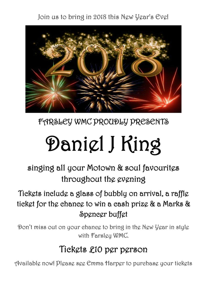 FarsleyWMC's tweet photo. 11 tickets remaining....
#newyearseve #celebratewithus #bringin2018 https://t.co/CAQFLhlPan