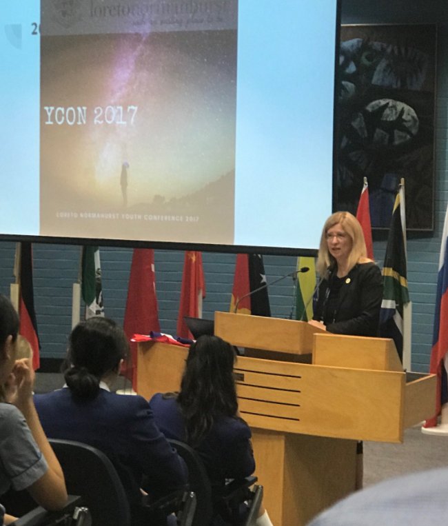 LoretoDeputy's tweet photo. @LoretoPrincipal Ms Watkins official opens the @loretonh 5-day youth conference #YCON2017, calling us all to use our gifts and education to make our world more just. https://t.co/Lk2jyVLvrw