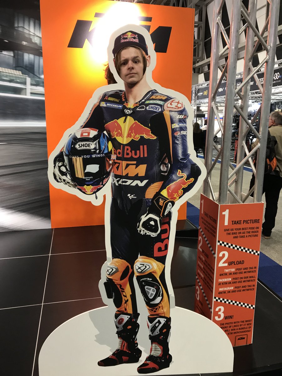russwoll's tweet photo. @KTM_UK here is @zakwolland with his #ktmface at #motorcyclelive hey what do you think @BradleySmith38 the @IxonCom suit fits well the @ShoeiHelmetsUK @OxfordProducts and @SidiSportsUK boots look the part too #motogp https://t.co/BoQV9832ba