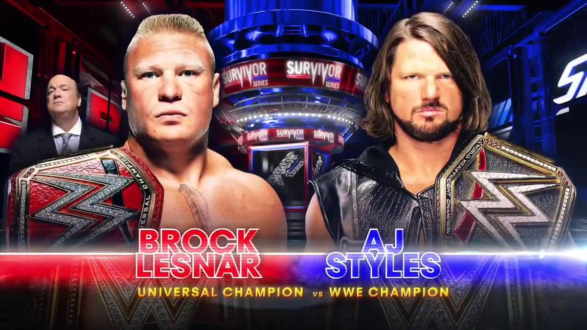 WWE's tweet photo. TONIGHT: #UniversalChampion @BrockLesnar goes one-on-one with The Phenomenal @WWE Champion @AJStylesOrg! #SurvivorSeries https://t.co/iHW5FzpPjl