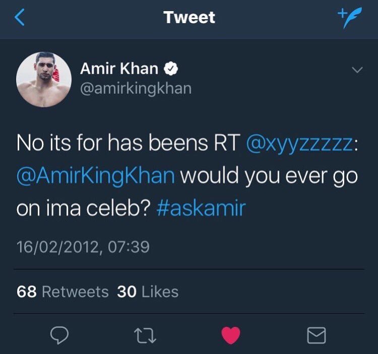 LadyDetectives1's tweet photo. Wild guess Amir Khans boxing money has dried up then... #imaceleb https://t.co/HeXkzV6jaD