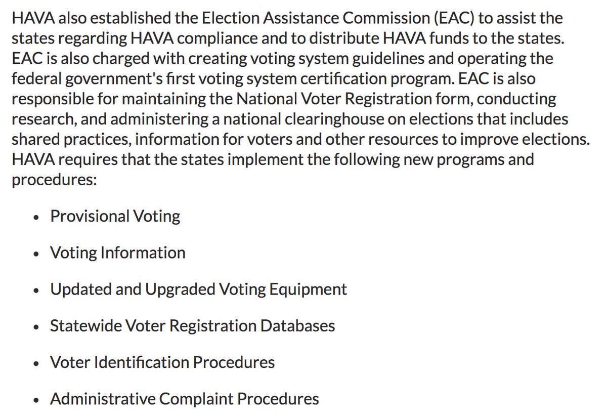 14/ The EAC was created out of HAVA. It was meant to “assist the states regarding HAVA compliance and to distribute HAVA funds to the states.”