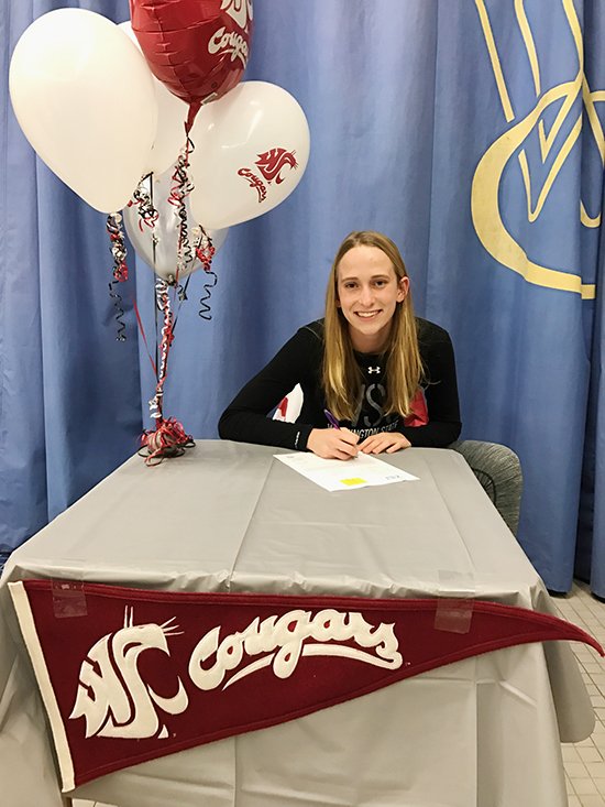 wwschools's tweet photo. Wa-Hi swimmer Paige Gardner signed a Letter of Intent to swim for WSU. She is a 4.0 student and plans to study biology at WSU. She holds two individual school records &amp; was a member of two record-setting relay teams.   Paige says she is excited to be a third generation Coug! https://t.co/6jnpyu7qDg