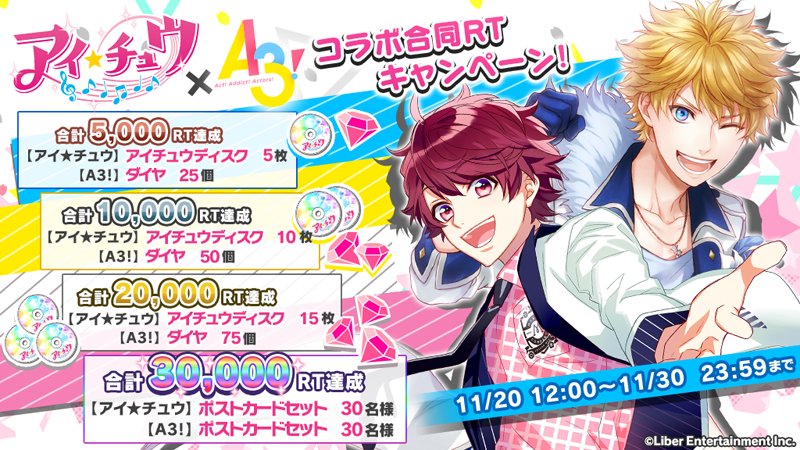 mankai_company's tweet photo. ★「アイ★チュウ」×「A3!」コラボRTキャンペーン★
本日から11/30までに指定のRT数を達成すると最大75個のダイヤ＆ポストカードをプレゼント！『アイ★チュウ』公式アカウントのRT数と合算になります。詳細は画像をチェック！
#アイチュウ_エースリーコラボ #エースリー https://t.co/VU0dpw18Le
