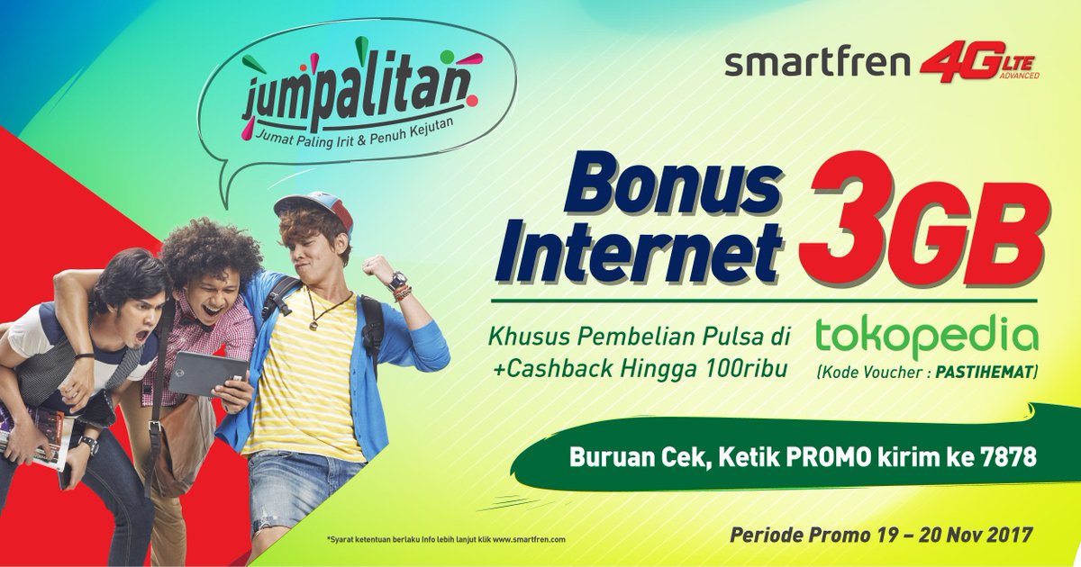 Gen4G! Dapatkan Bonus Internet 3GB dari Promo JUMPALITAN Smartfren dan dapatkan Cashback hingga 100ribu rupiah khusus pembelian pulsa via Tokopedia. Info: smartfren.com/id/promo-7878