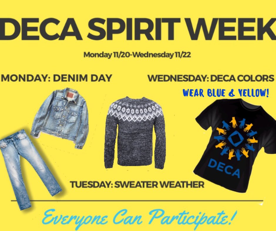 MonroeDECA's tweet photo. HEY CATS!! DECA Spirit Week starts tomorrow so pull out those jean jackets! Everyone can participate! https://t.co/5FvfmIelD1