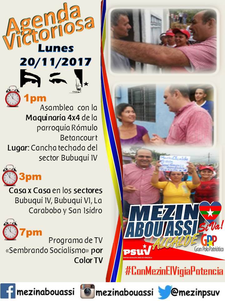 leannysanchez's tweet photo. La Agenda Del Candidato de la Patria @mezinpsuv es la Agenda del Pueblo Vigiense... 💛💙❤  #PorMiQueridoVigia ✌  #ConMezinElVigiaPotencia 😊👏 Recuperemos la #AlcaldiaAlbertoAdriani 👬👫👭 Agenda Victoriosa Lunes 20/11/2017 https://t.co/LTVin8gXw8