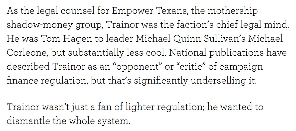 81/ Trump has nominated Trey Trainor to fill Petersen’s spot. Trainor’s a TX Repub who’s built his reputation on undermining campaign finance regulation. http://bit.ly/2xuF2lk 