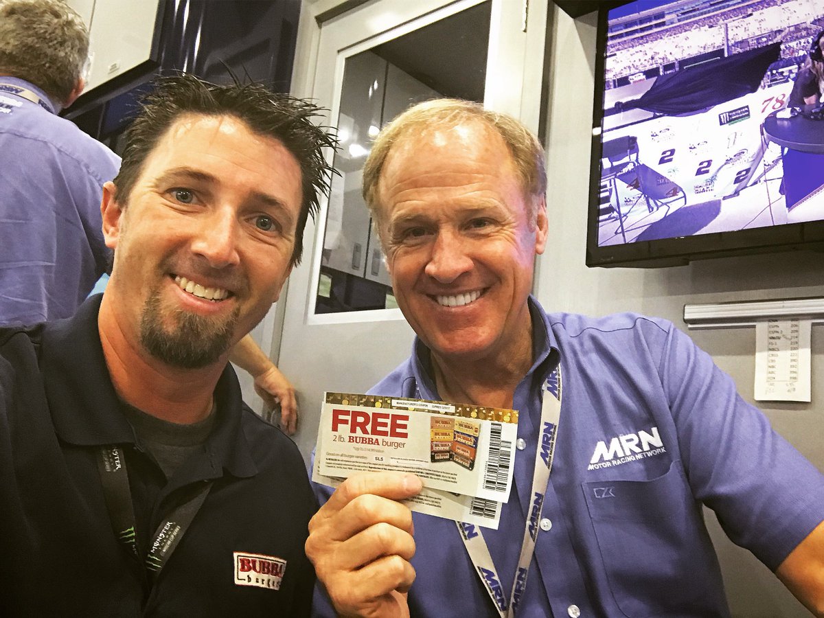 todd_morey's tweet photo. Spent a few minutes with @RustyWallace today at the @MRNRadio trailer...turns out he’s a @Bubbaburger fan so we got him the hookup! https://t.co/EpsvXPGPxS