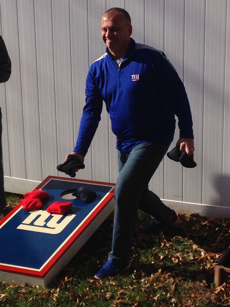 calea_rpmne's tweet photo. Nice to win for a change.  Must have been our backyard tailgate with my new gift.  Homemade NYG. cornhole my daughter and her boyfriend made for us. https://t.co/qBc2GoLfD5