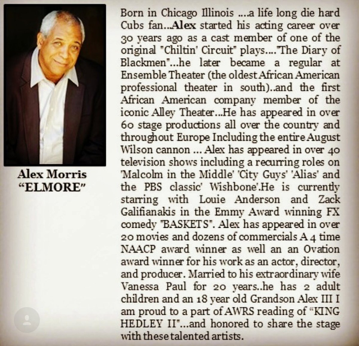 #AWRS SPOTLIGHT - #alexmorris as ELMORE in #KINGHEDLEYII @roguemachinetheatre on 11/21 @ 7:30pm - FREE!🎭 RSVP @ awrs2017.wixsite.com/awrs2017