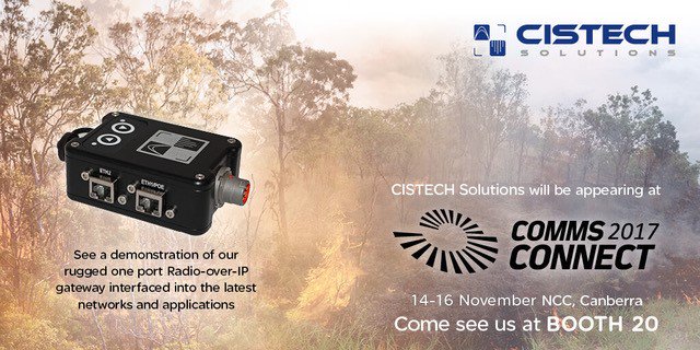 CistechAU's tweet photo. Its time for @CommsConnectANZ in Melbourne again. Come and Join us to see the GV1 Rugged Gateway in operation. https://t.co/HnoBqk7rRG