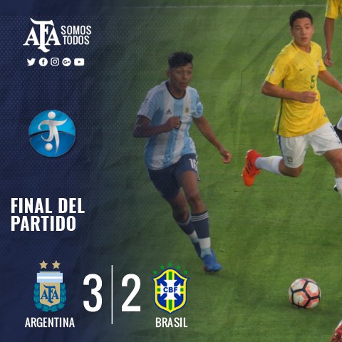 Argentina's tweet photo. #AlentáAlSub15 ¡Final del partido! @Argentina derrotó a #Brasil por 3 a 2 y se coronó campeón del #SudamericanoSub15 https://t.co/aMZ4Rgo4pV