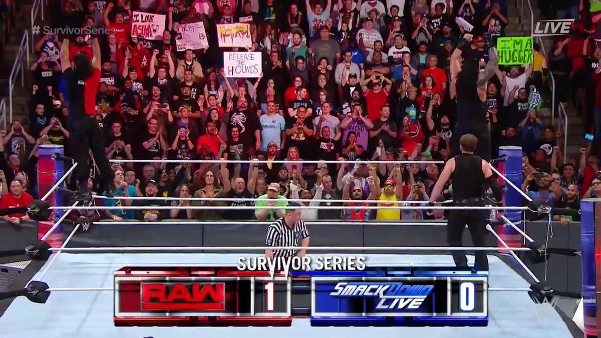 WWEUniverse's tweet photo. #RAW - 1️⃣
#SDLive - 0️⃣

@WWERomanReigns @TheDeanAmbrose &amp; @WWERollins strike first for #RAW at #SurvivorSeries! https://t.co/YtxxVPxVEB