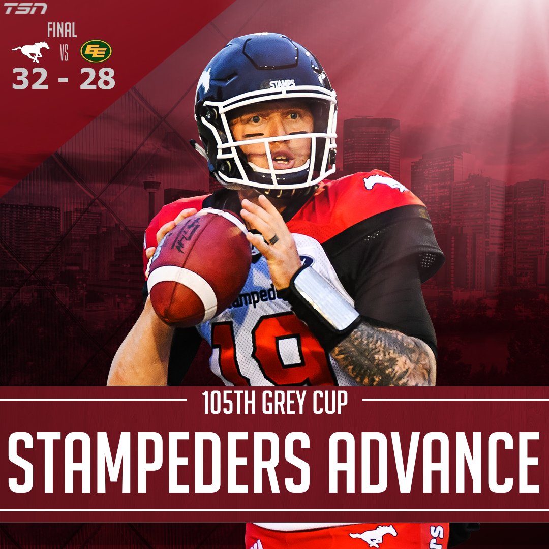 TSN_Sports's tweet photo. That's it, the Grey Cup is set! The @calstampeders prevail over the @EdmontonEsks in the #BattleOfAlberta West Final. The #Stamps will face the @TorontoArgos next Sunday in Ottawa!

#GreyCup #CFLPlayoffs #ArgosFootball #GoStampsGo https://t.co/G3tSrphdHF