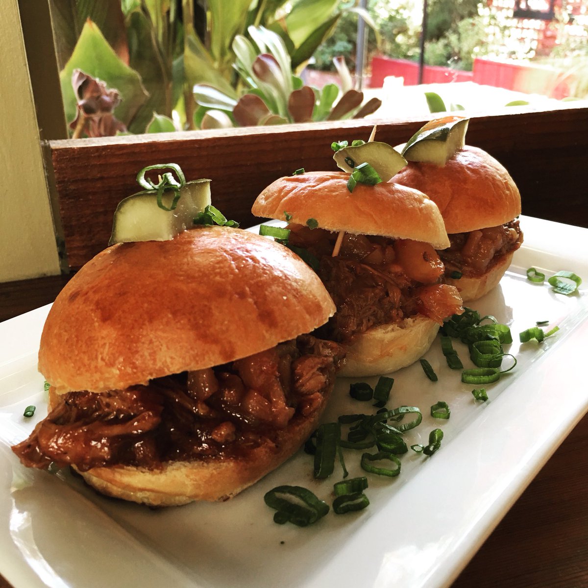 Succulent_Cafe's tweet photo. Come try our BBQ Pulled Pork Sliders with fresh pineapple chutney and our house made pickle garnish. During #HappyHour only! #Solvang #SYV https://t.co/0JqHuZOpHQ