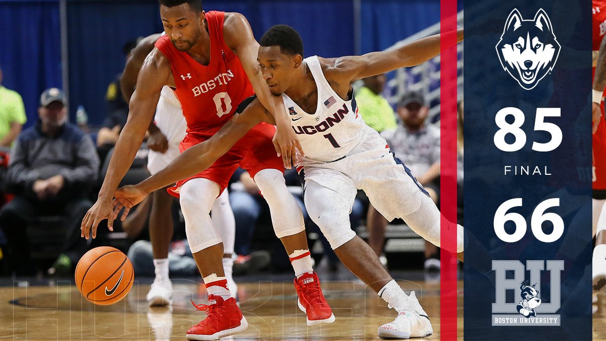 UConnMBB's tweet photo. Three games, three wins. Huskies start 3-0 as they prepare to head to Oregon for the @pkinvitational. @I_AMCV with 30 points against the Terriers. #Built4Banners https://t.co/zBi35CJVC2