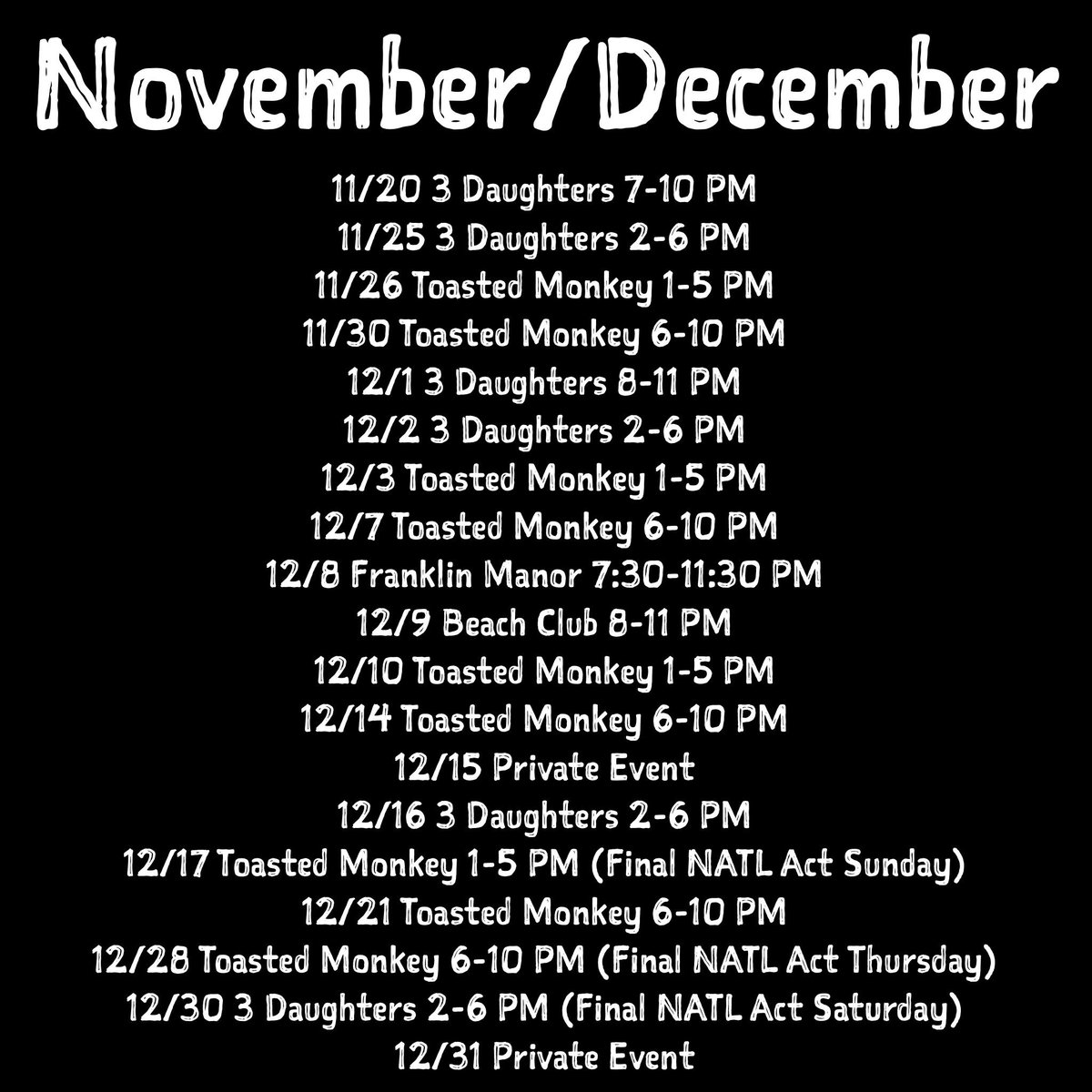 TLJentgens's tweet photo. Remaining November/December, 2017. #TLJentgens #TLonDrums #NATLAct #3Daughters #ToastedMonkey #FranklinManor #BeachClub #SaintPetersburg #StPetersburg #SaintPete #StPete #SaintPeteBeach #StPeteBeach #Tampa #DowntownTampa https://t.co/AxTD4eqrxA