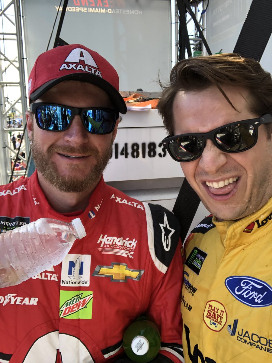 landoncassill's tweet photo. Also, just before the race I tried to be all nice and sentimental with @DaleJr and he squirted me with his water. Angry, I decided to go out and beat him in his last race, which I did. Just like I did in @TonyStewart’s final race. Look it up. https://t.co/B6CTpgSWiM