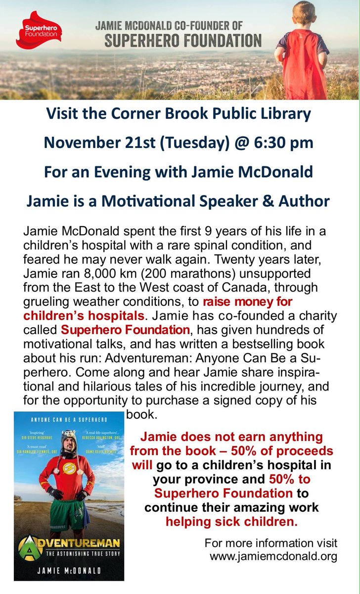Knix_Hats's tweet photo. Don't miss this superhero's talk!! Raising money for children's hospitals. @BerniceCBC @downtowndba @CornerBrook @SuperheroFdn #booktour https://t.co/ncxyLjcgkC