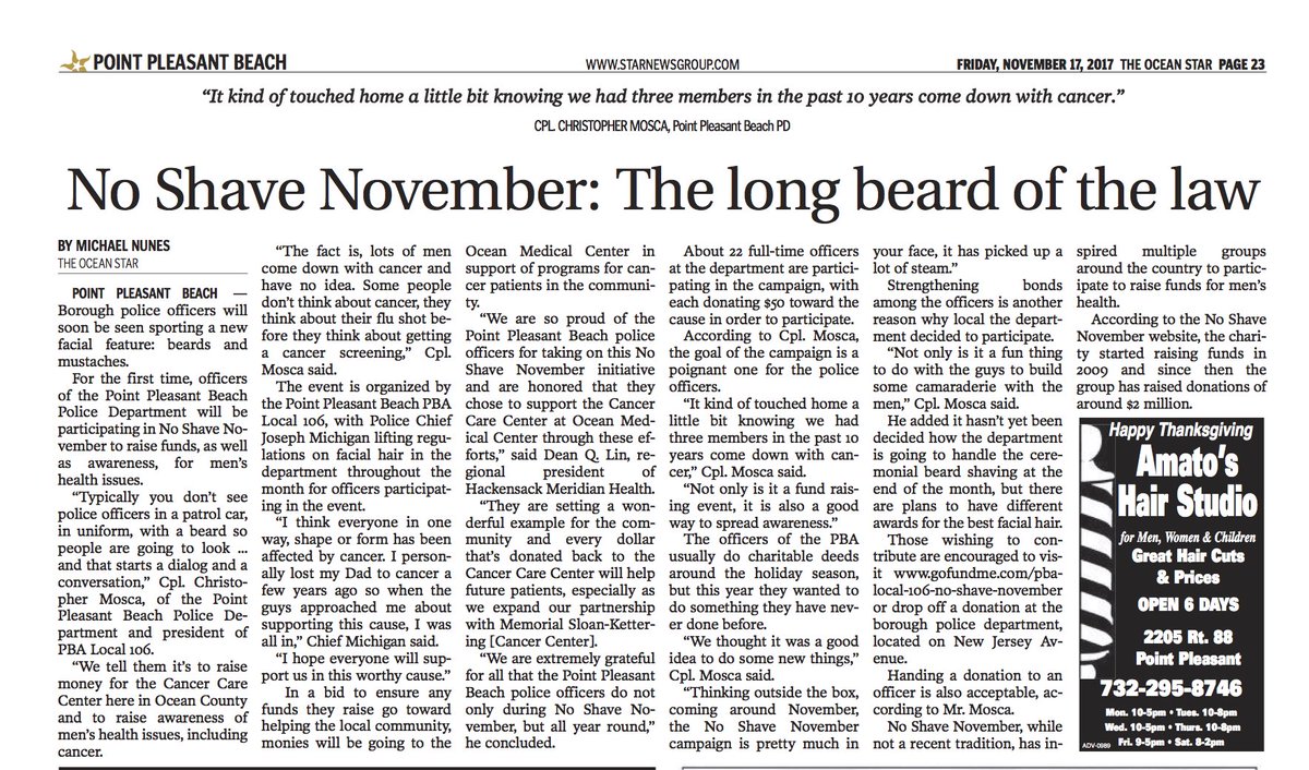 BeachPBA106's tweet photo. Check out our article in this week’s Ocean Star! Support your local #copswithbeards as we raise funds for the Cancer Care Center at @OceanMedicalCtr during #NoShaveNovember! https://t.co/QGHpfoJtH4