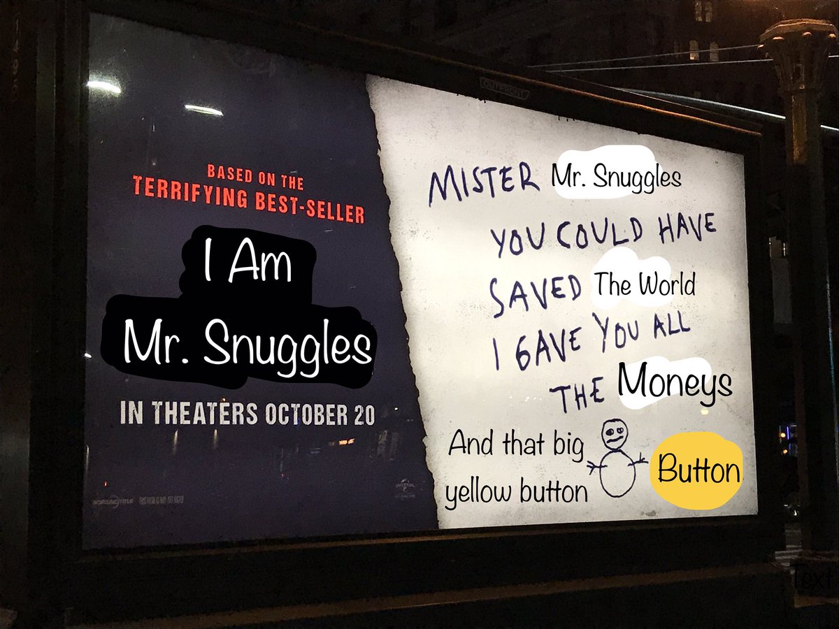 ludusnyc's tweet photo. I saw I AM MR. SNUGGLES tonight at @thepitnyc, saw this ad on the way to the subway, and made this thing. Don't ask me why, can't explain it myself... #solocom https://t.co/fYlxWEMPPk