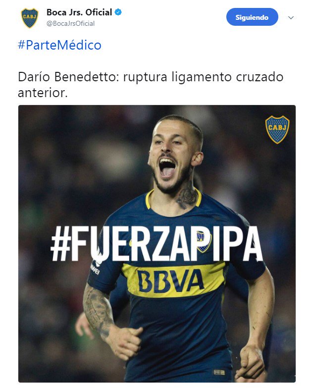 SC_ESPN's tweet photo. Boca lo hace oficial: Darío Benedetto sufrió la "ruptura del ligamento cruzado anterior". Con el HT #FuerzaPipa, mandale tu apoyo al goleador de la Superliga. https://t.co/pgtYUVG2S0