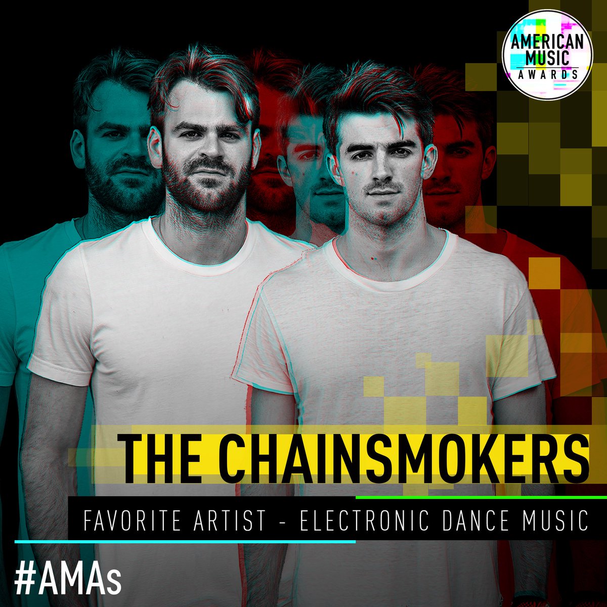 AMAs's tweet photo. HUGE congrats, @TheChainsmokers ! You chose them as your #AMAs winner for Favorite Artist - Electronic Dance Music! 😉 https://t.co/zjJeIUKUvQ
