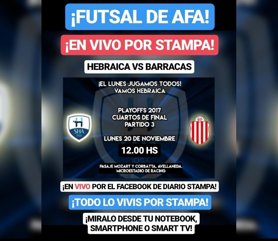 #Imperdible #Futsal #AFA #Primera ¡Hebraica Vs Barracas! ¡Cuartos de Final! Mañana lunes a las 12 en vivo por el Facebook de Diario Stampa. ¡Prendete!