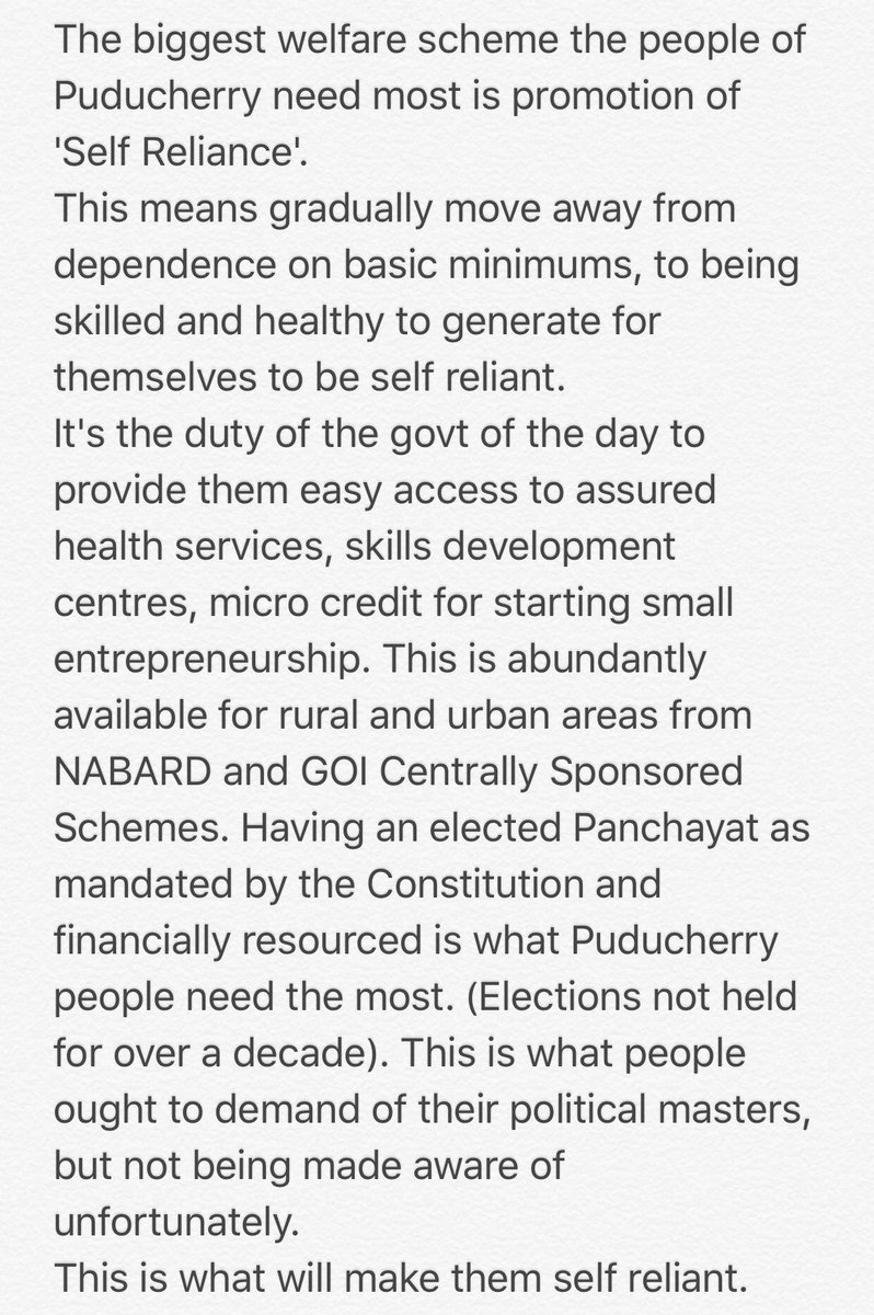 thekiranbedi's tweet photo. Real test of 'welfare' politician is not create 'welfare dependendence' 
but gradually move people towards Self-Reliance'..
@rashtrapatibhvn @VPSecretariat @PMOIndia @HMOIndia https://t.co/uXjxlft8ij