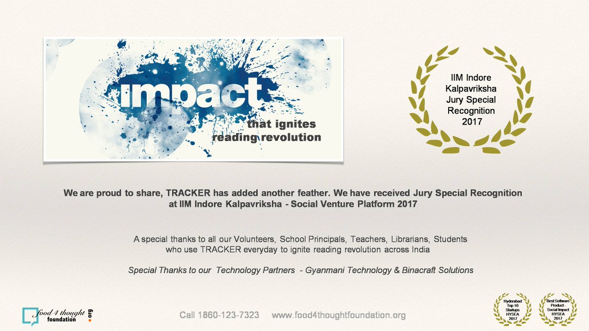 IamBond_F4T's tweet photo. We are proud to share, TRACKER has added another feather. We have received Jury Special Recognition at IIM Indore Kalpavriksha - Social Venture Platform 2017.
#IamBond #IamBond_F4TF #JOYOFREADING https://t.co/HiCsnhoYOp